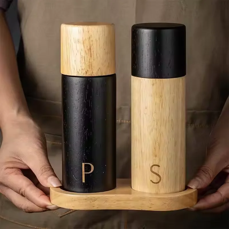 Custom logo Creative manual wooden Salt and Pepper Grinder Set small wood herb Spice Mill Shaker for Kitchen Cooking Tools