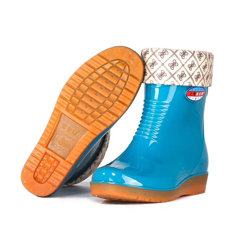 20cm Womens   Mid Calf Rain Boots Waterproof Wellington Shoes Winter Ladies Wellies Boots Garden Shoes Removable Inner Linings