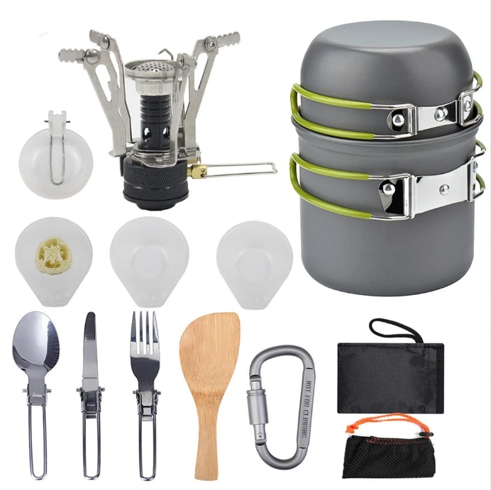 Portable Camp Stove with Lightweight Pots and Pans Set Non-Stick Backpacking Camping Cookware Set