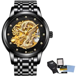 Dragon Skeleton Automatic Mechanical Watches For Men Wrist Watch Stainless Steel Strap Gold Clock 30m Waterproof Mens watch