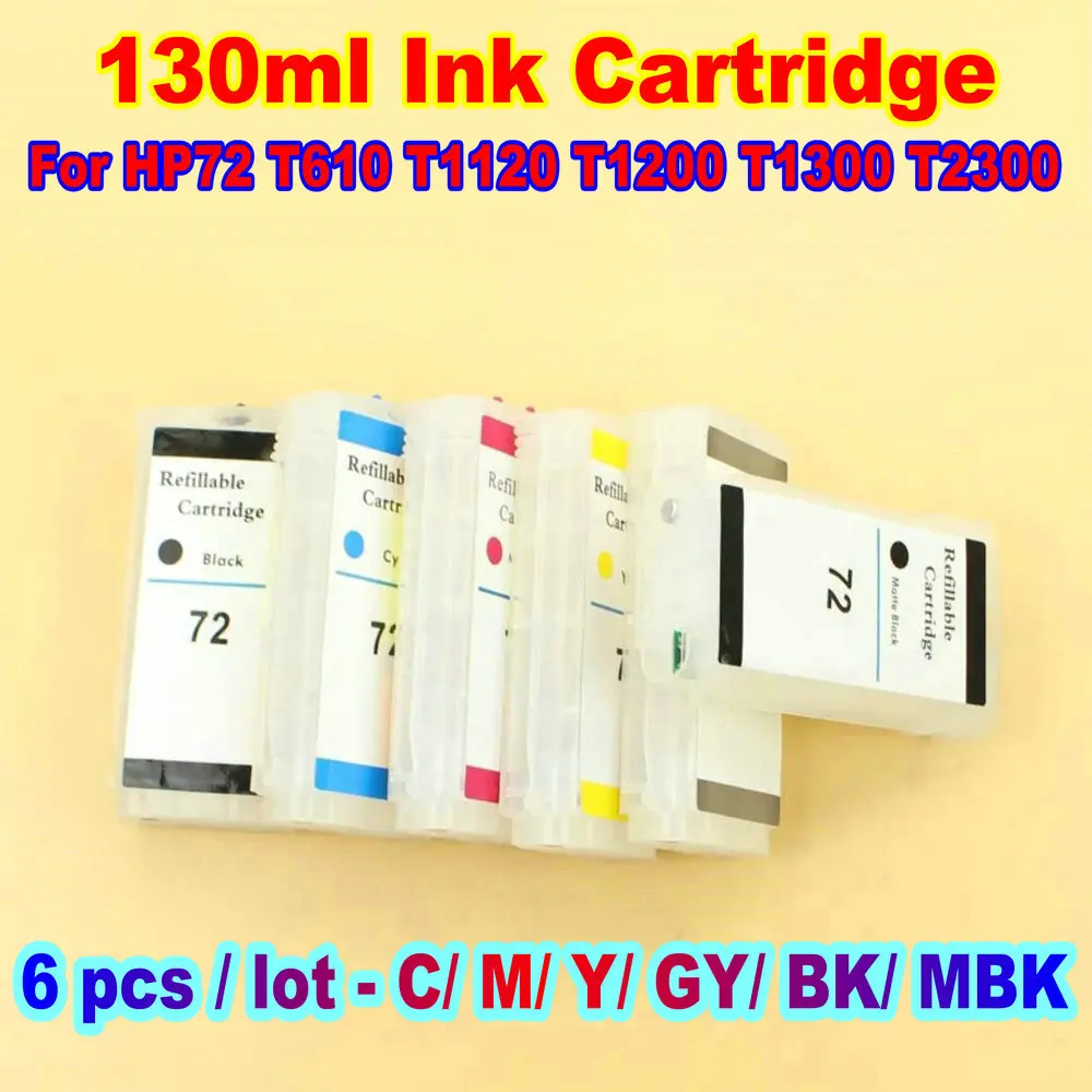 130ml Refillable Printer Ink Cartridge For HP 72 Designjet T610 T1120 T1200 T1300 T2300 HP72 Empty Ink Cartridge 6 Colors Kit