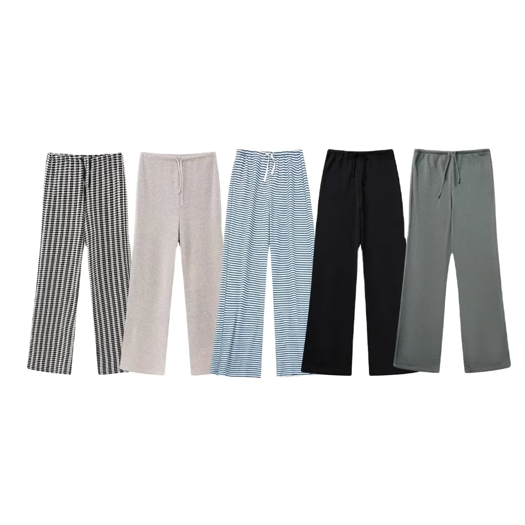 PB&ZA Women 2023 autumn New Chic Fashion Grain jacquard Pants Vintage High Elastic Waist Side Pockets Female Ankle Trousers