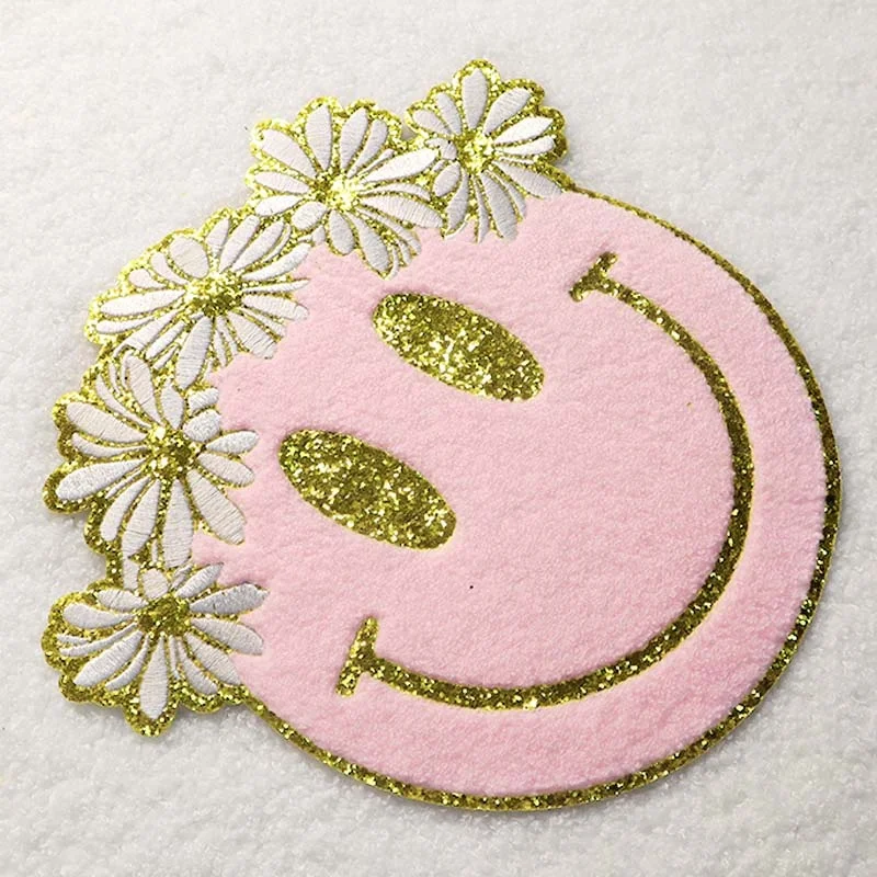 Custom Embroidery Smiley Face Flower Logo Patch Iron On Holiday Spring Chenille Patches Applique For Clothing