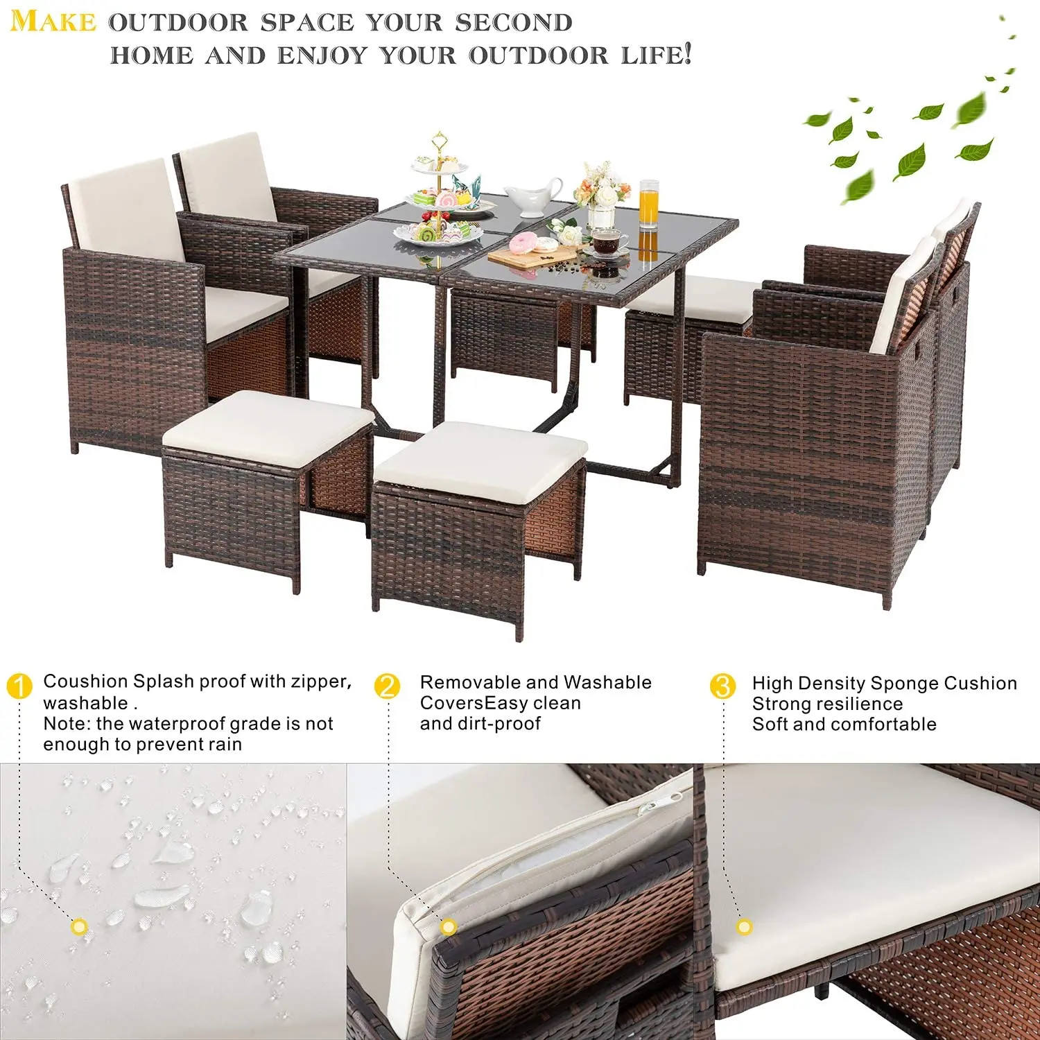 9 Piece Small Patio Dining Set Lawn Outdoor Garden Backyard Patio PE Wicker Rattan Furniture Set