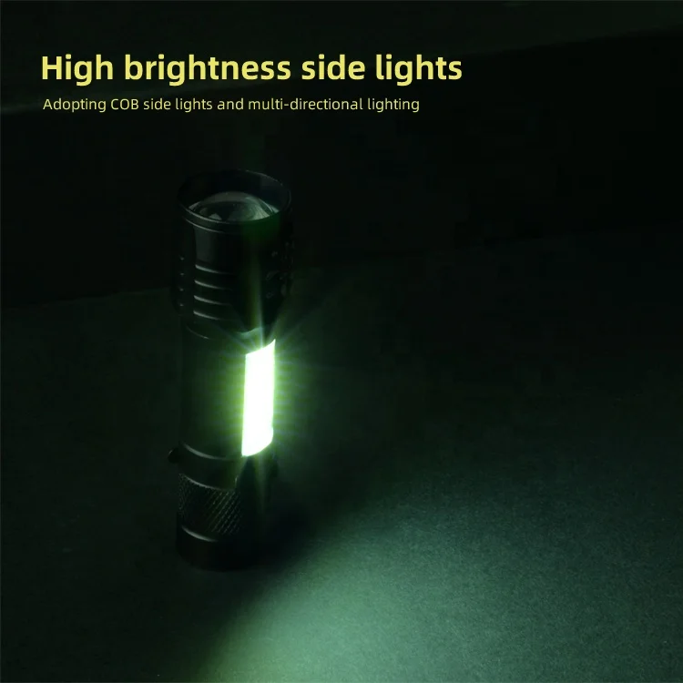 Portable clip on mini aluminum XPE with built-in battery, USB charging, retractable focus flashlight, 2-in-1 COB reading light