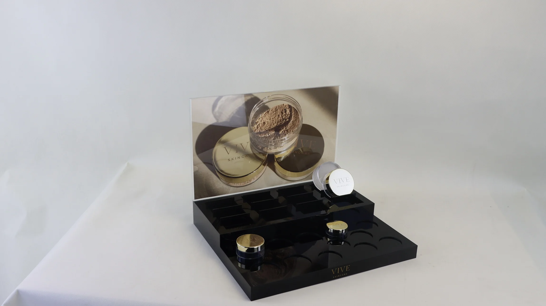 Custom acrylic countertop skin care beauty powder makeup display stand with AD insert