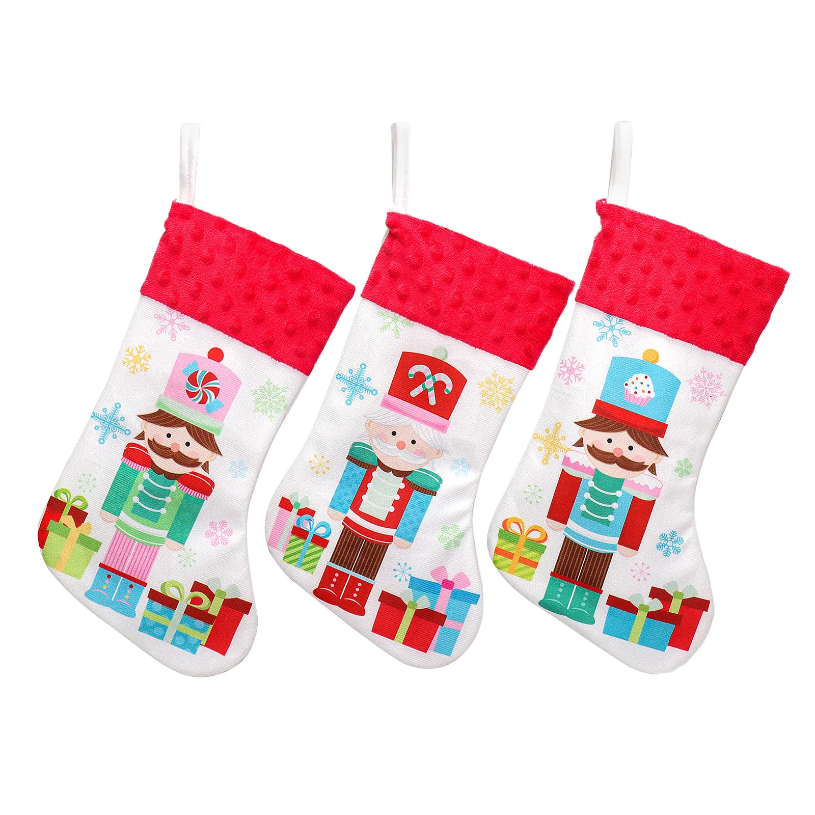 TW-583 White Velvet Christmas stocking with printed Nutcracker Soldier