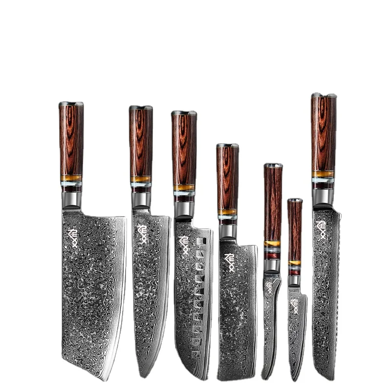 7 PCS Damascus Kitchen Knives Set 67 Layers Color Wood Handle