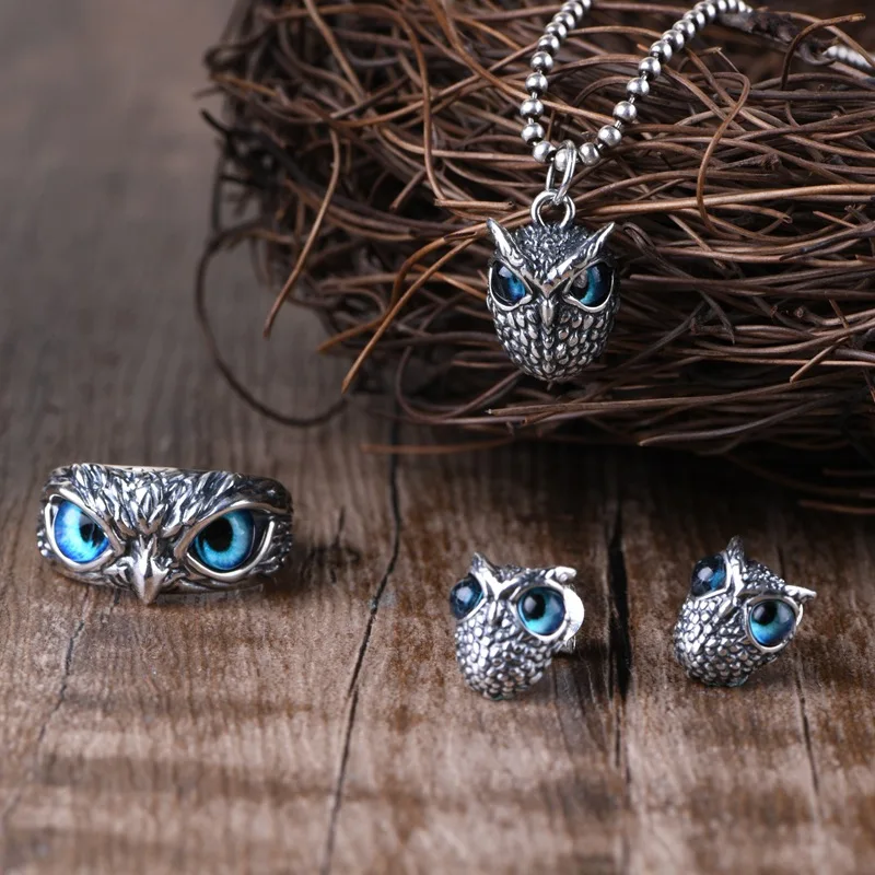 Adorable Pet Owl Blue Big Eyes Cute Animal Men Jewelry Adjustable Nature Fashion Series Ring Lady Gift silver 925 rings man