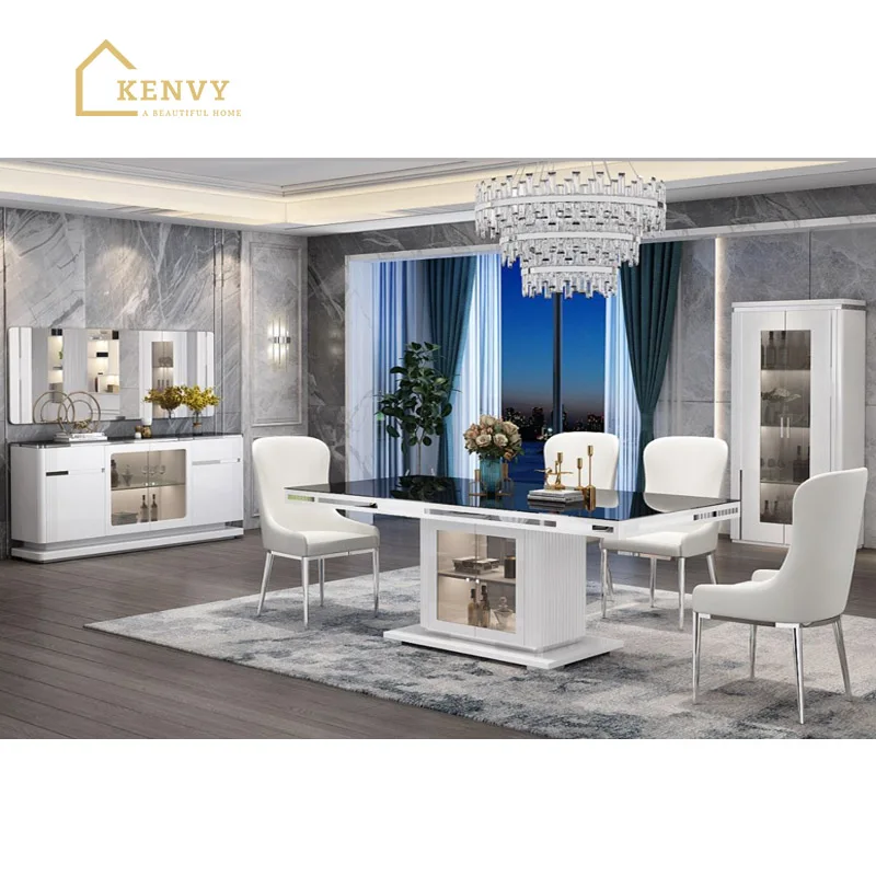 OEM Modern Luxury Square Crushed Diamond Dining Room Table Set For 4 6 8 10 Seater Classic Black Wood Dinning Chairs Sets