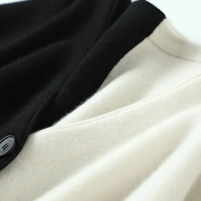 Black and white contrast loose V-neck women cashmere cardigan sweater