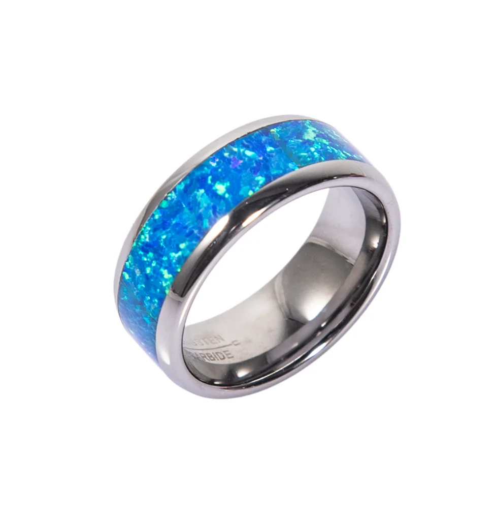 Hot selling ready to ship 8mm tungsten carbide men rings tungsten band inlay natural blue fire opal jewelry in stock