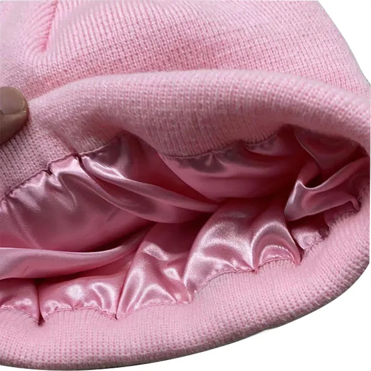 Acrylic 3d Embroidery Knitted Winter Beanie with Satin Lining Stylish Beanies for Cold Weather