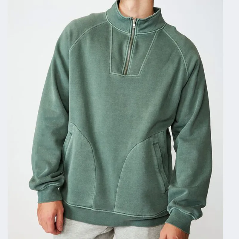 Maxgarment High Quality Super Fit Casual Quarter Zip Up Hoodie Washed Green Sweatshirts Hooded Mens