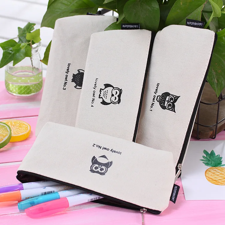 Eco Friendly Gifts For Kids Stationery Cute Funny Animal Owl Printing Custom Pencil Case For Girl Canvas Zipper Pen Bag