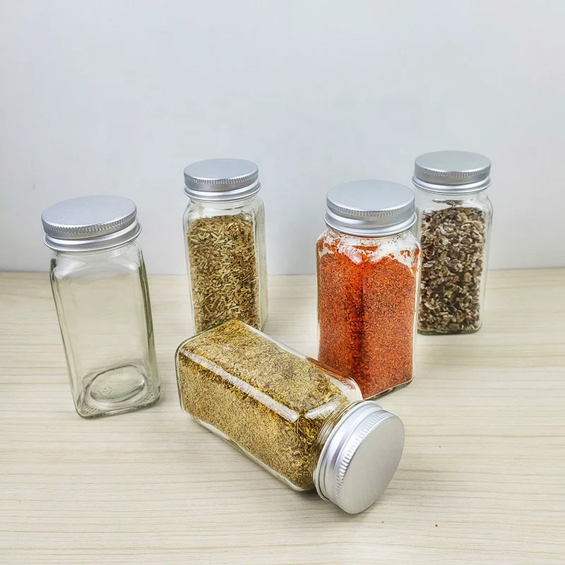 Glass Spice Jars Bottles 100ml Empty Square Spice Containers with Shaker Lids and Airtight Metal