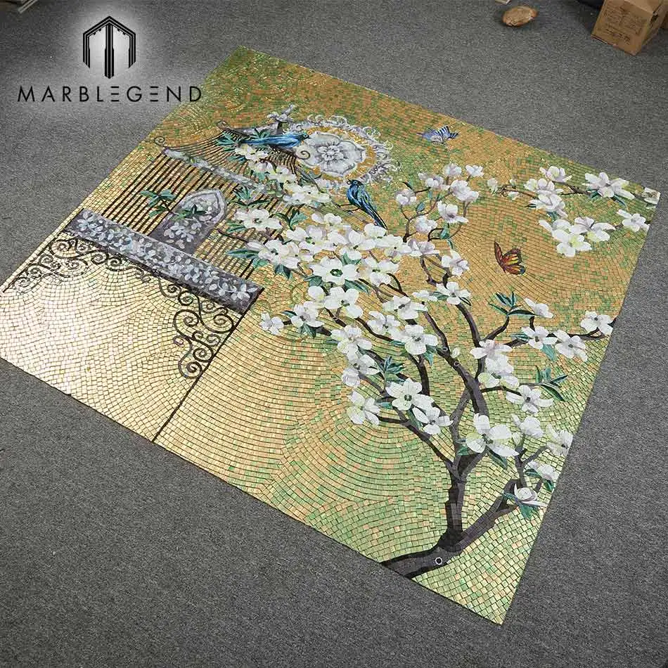 Custom bathroom wall pattern ice jade glass mosaic mural art flower mosaic wall