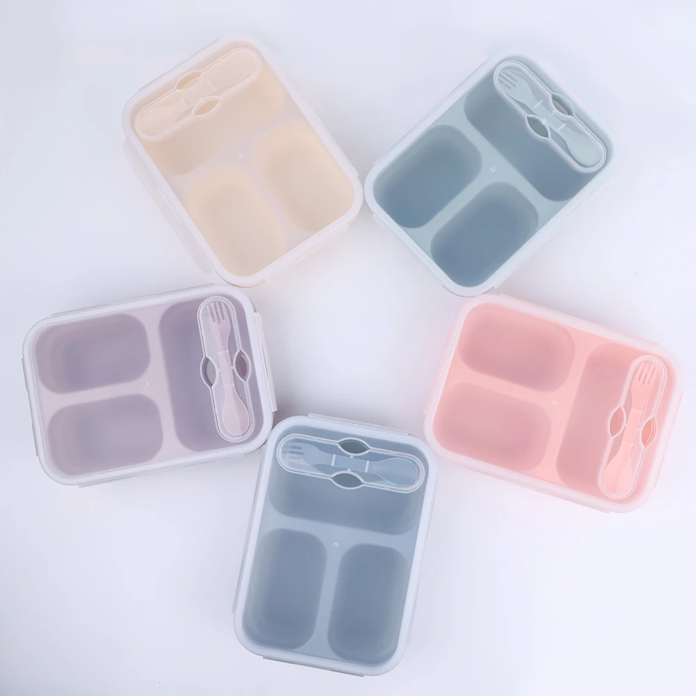 Custom Children Dinnerware Collapsible Lunch Box Silicone 3 Compartments Foldable Bento Box With Fork Spoon For Workers And Kids
