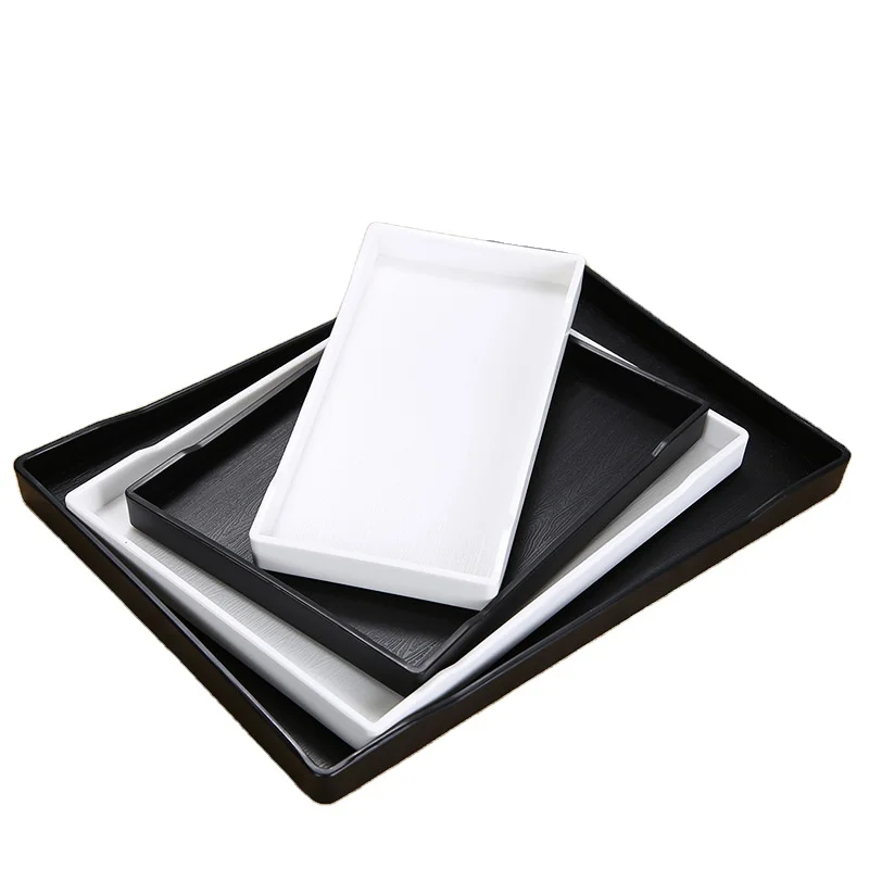 Restaurant Durable Wooden Texture Anti Slip Plastic food tray Black White Waterproof  Tray For Hotel
