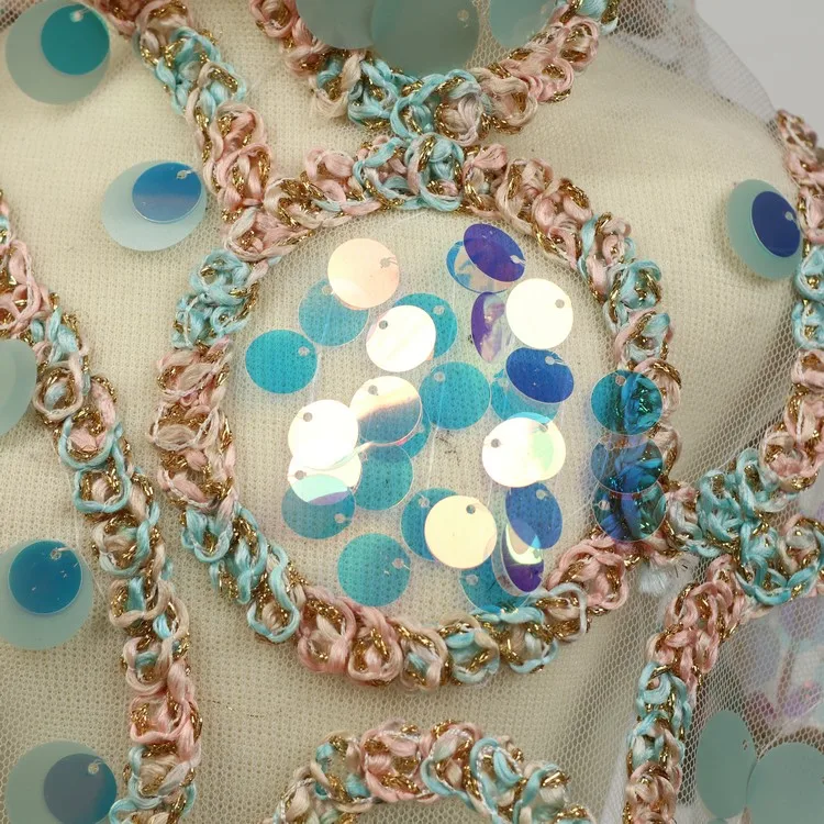 fancy tulle with big circle sequin lace with twist tape embroidery 3d large spagle swing fabric for party dresses