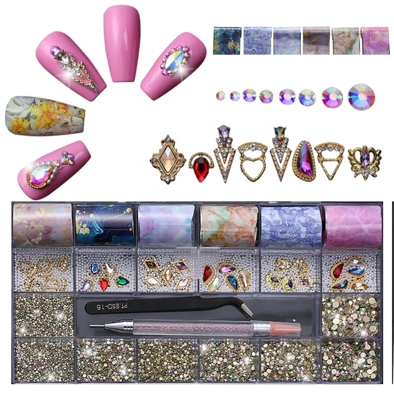 New Design Nail Art Rhinestone Sticker Transfer Foil Decals Diamond Rhinestone Box Jewelry Set Bow 3D Metal DIY Nail Art
