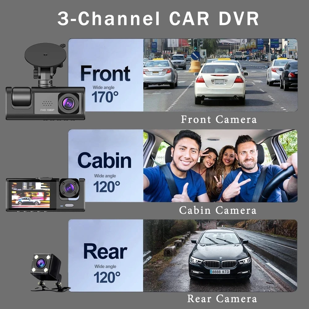 2 inch screen mini dashcam 3 channel car video camera front rear and inside dash camera 1080p 3 lens dash cam car dvr