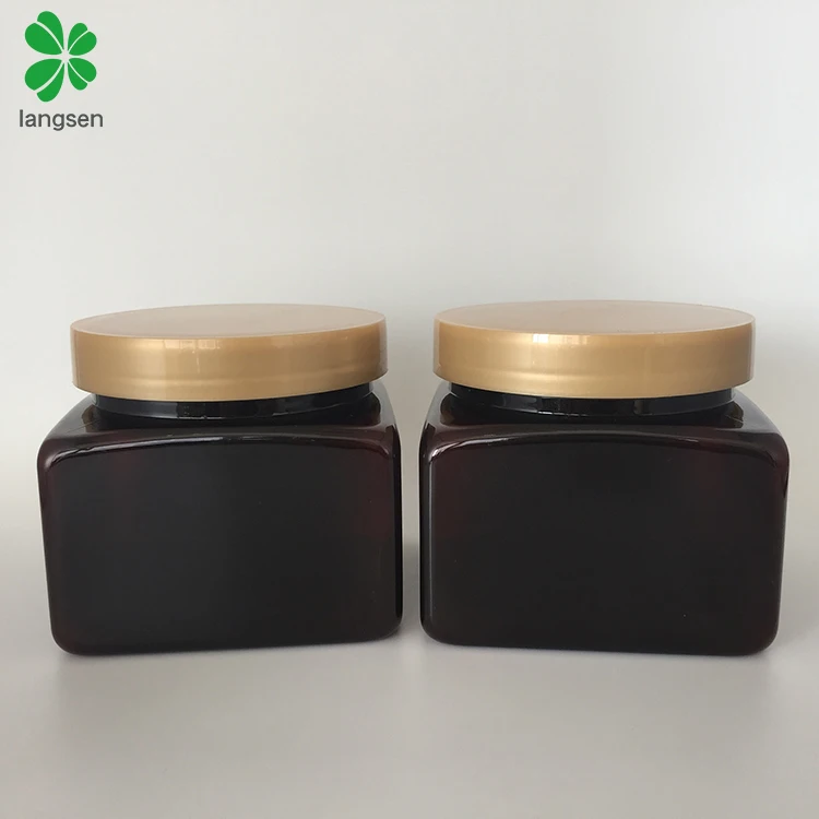 Empty 500ml 16oz amber plastic PET square jar with beige colour screw cap lid, 500g square container for face mask bath salt