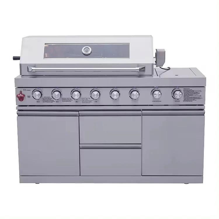 6+1 Burners Barbecue Grill With Side Burner Cabinet Modern Integral Modular Outdoor Kitchen Stainless Steel BBQ Grills Cabinets