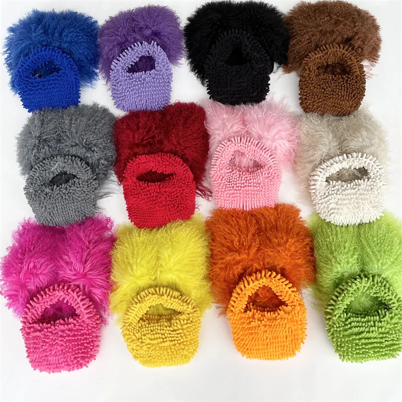 Custom Logo Minimalist Fuzzy Top Handle Mini Neon Pink Ruched Solid Fluffy hobo Satchel Bag for lady women girl