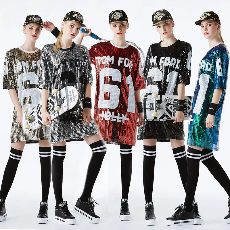 ALICEROMA Sequin Baseball Shirts  For Women Custom Bling Loose Women Oversize Sparkly Sequin Long  Dress Hip Hop Dance Costumes