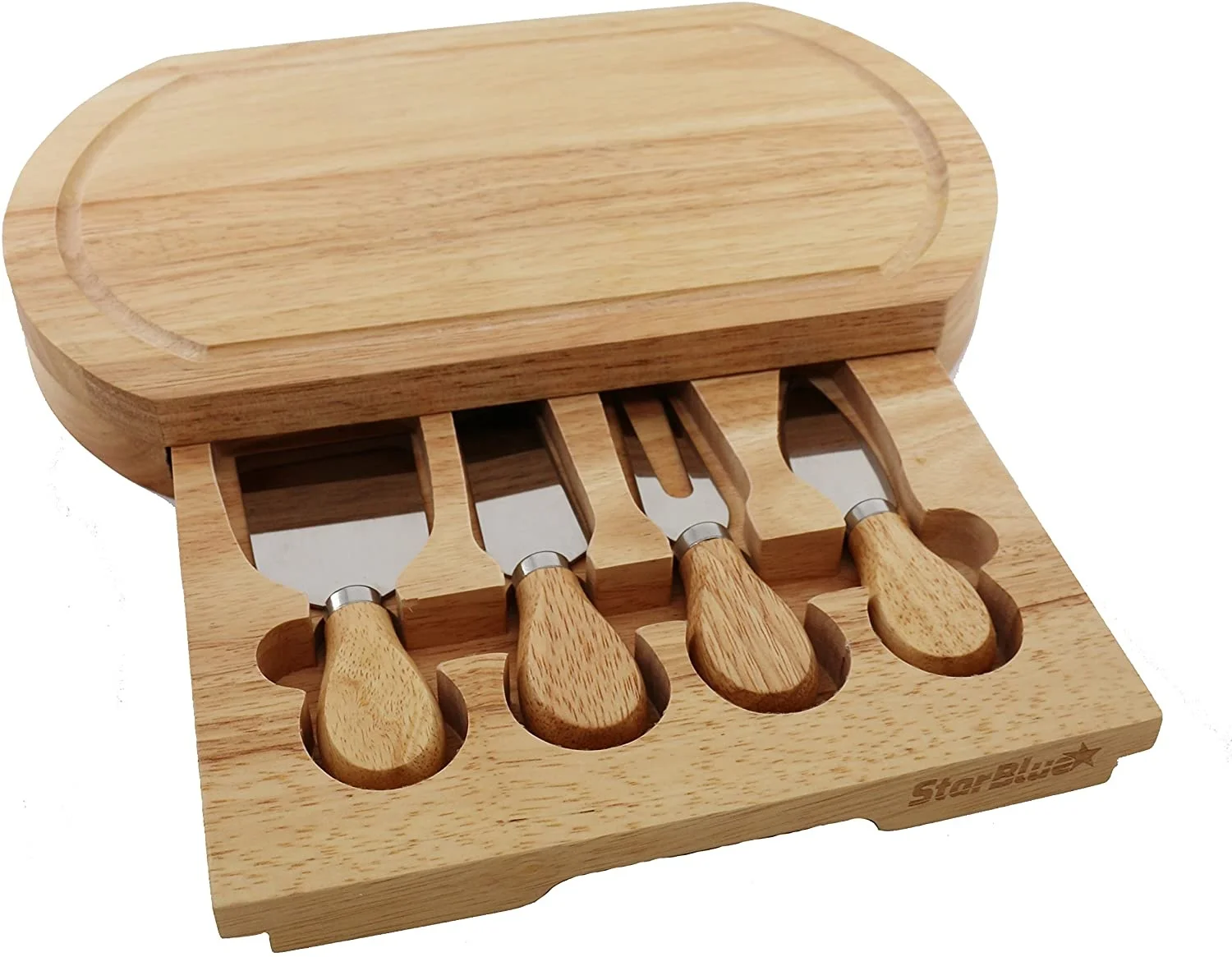 Cheese Board Set by StarBlue - with 4 Knives and Slide Out Drawer | Large Oak Wooden Cheese and Platter Cutting Serving Plate