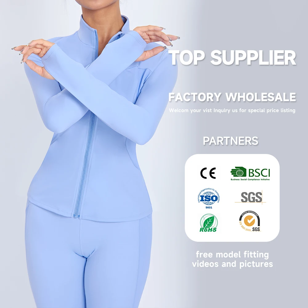 Custom new women fitness Yoga top front full zip jacket with pockets long sleeve slim fit top