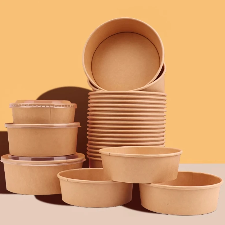 ebelee Food Packaging Cup Custom logo disposable paper salad soup bowls kraft paper container White takeaway Bowl with lids