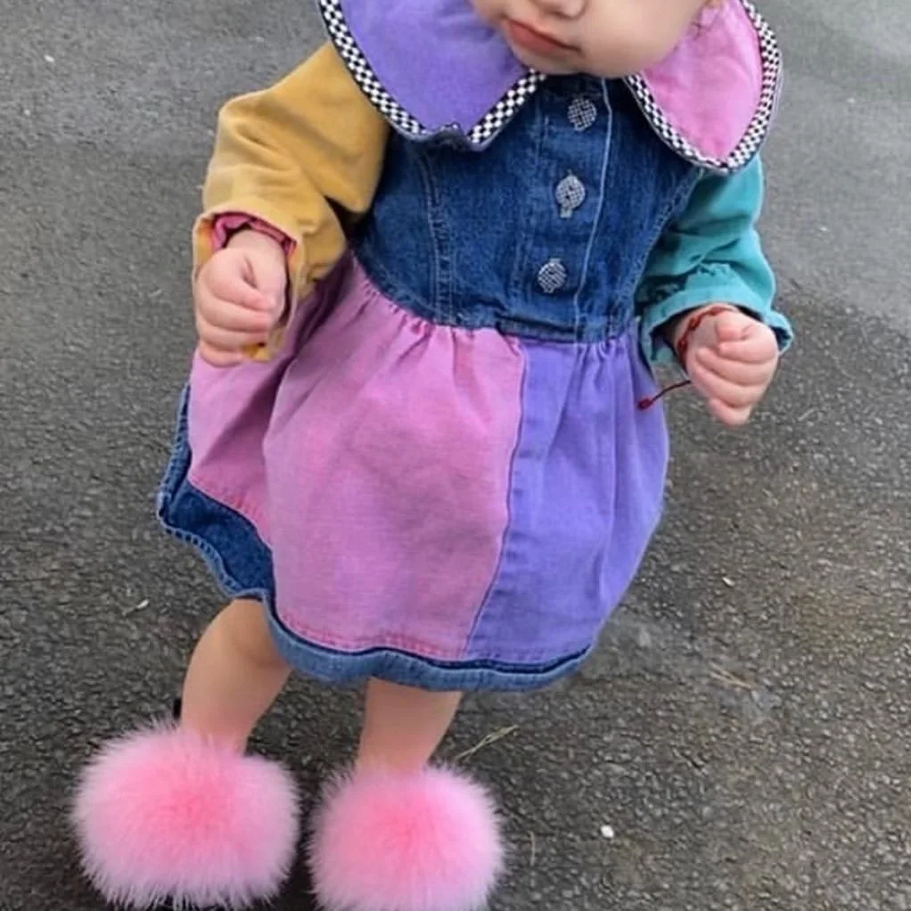 
2020 new Wholesale custom children fox fur slippers summer outdoor raccoon fur sandals kids color really fox fur slides 