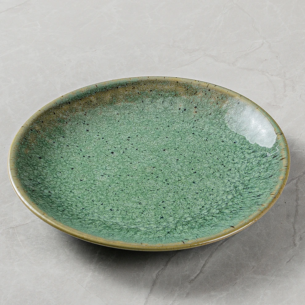 Top Quality Thai Style round Trays Enameled Green For Use Restaurant Hotel Ceramic Salad Dinner Plate Multisize Ceramic Tray
