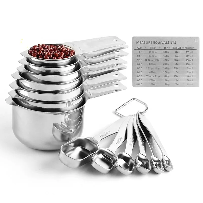Kitchen Stainless Steel Measuring spoon Cups and Spoons Set 7 Cup and 7 Spoon Metal Measure Sets for Dry & Liquid Measurement