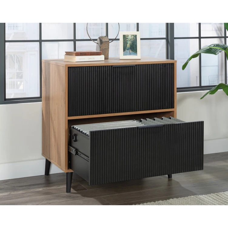 Hot Wholesale Midcentury Two Drawers Fluted Ribbed Panel File Cabinet in Black and Walnut