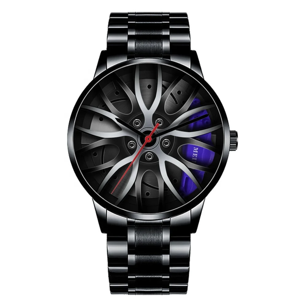 Luxury Custom Unique Black 3D Car Wheel Watch Quartz Sport Rim Car Watches Men Wrist Reloj Car