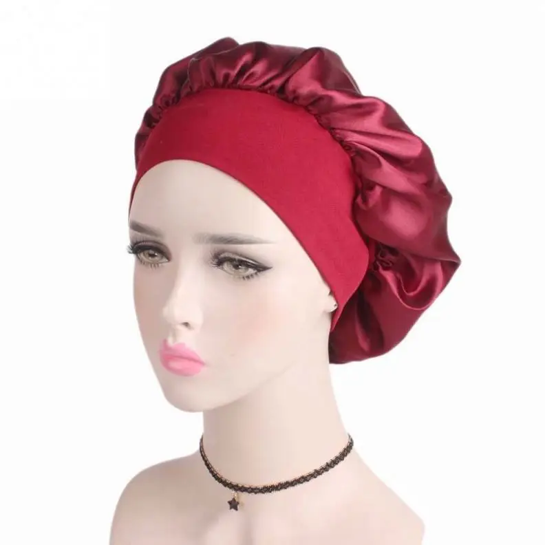 
FOCUS 2021 New Style Silky Sleep Cap Plain Night Sleeping Bonnet Caps Satin Silk Cap Women Turban 