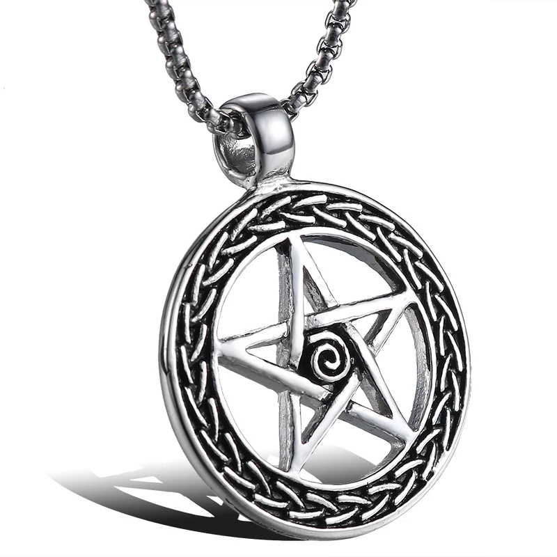 Unisex Stainless Steel   pentacle star Round  Pendant Titanium Steel  Supernatural Pentagram Necklace Xmas Gift  stock