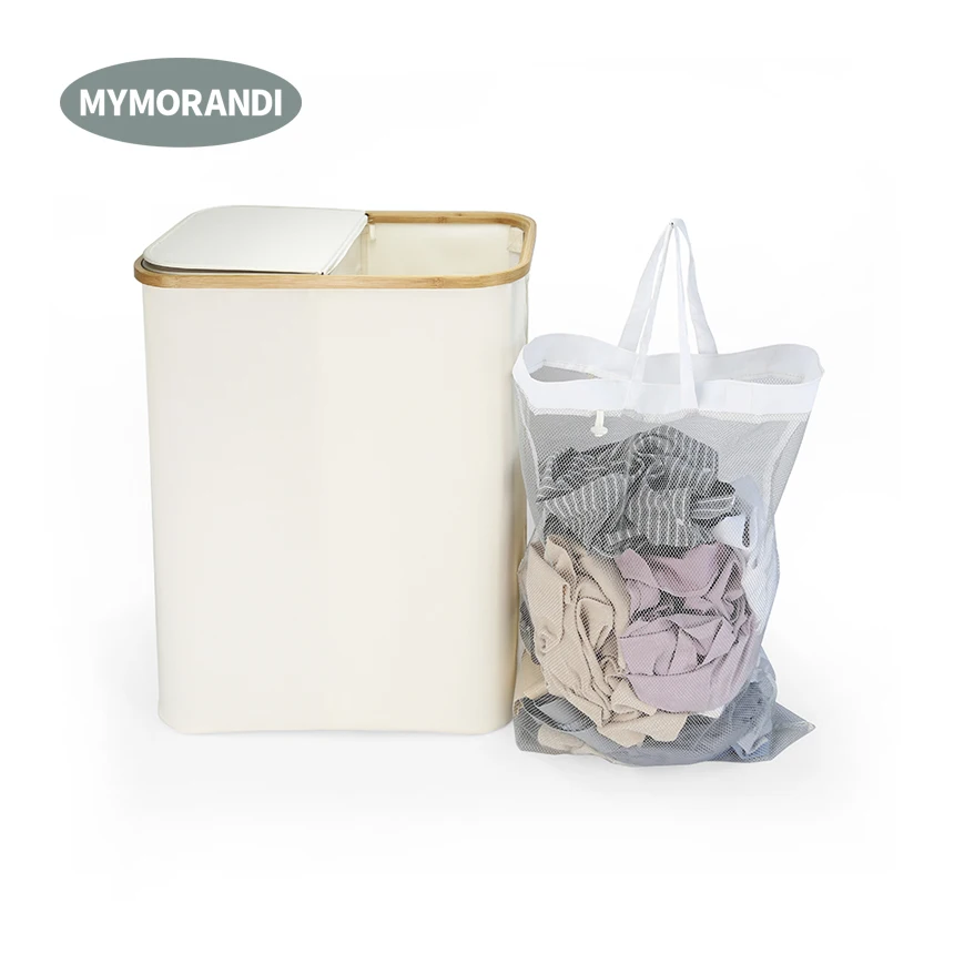 Складная корзина для белья, высокая двойная корзина для белья с крышкой и бамбуковой рамой для хранения грязной одежды