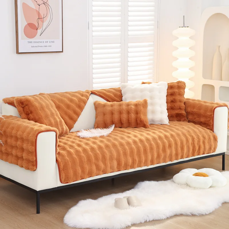 Winter Padded Plush Cushion Non-slip Leather Sofa Cover New Cover Cloth Towel Fleece Machine Wash Modern Solid Printed