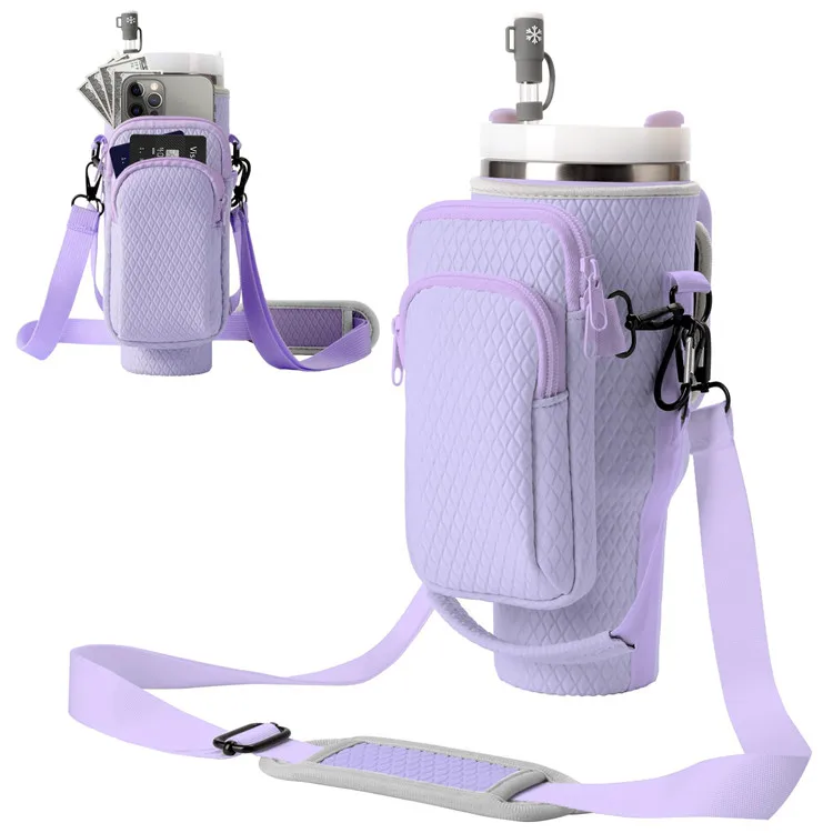 Water Bottle Carrier Bags 40oz Embossed Neoprene Cup Sleeve Bags with Phone Zipper Pocket and Strap 40 OZ Bottle Holder Bags