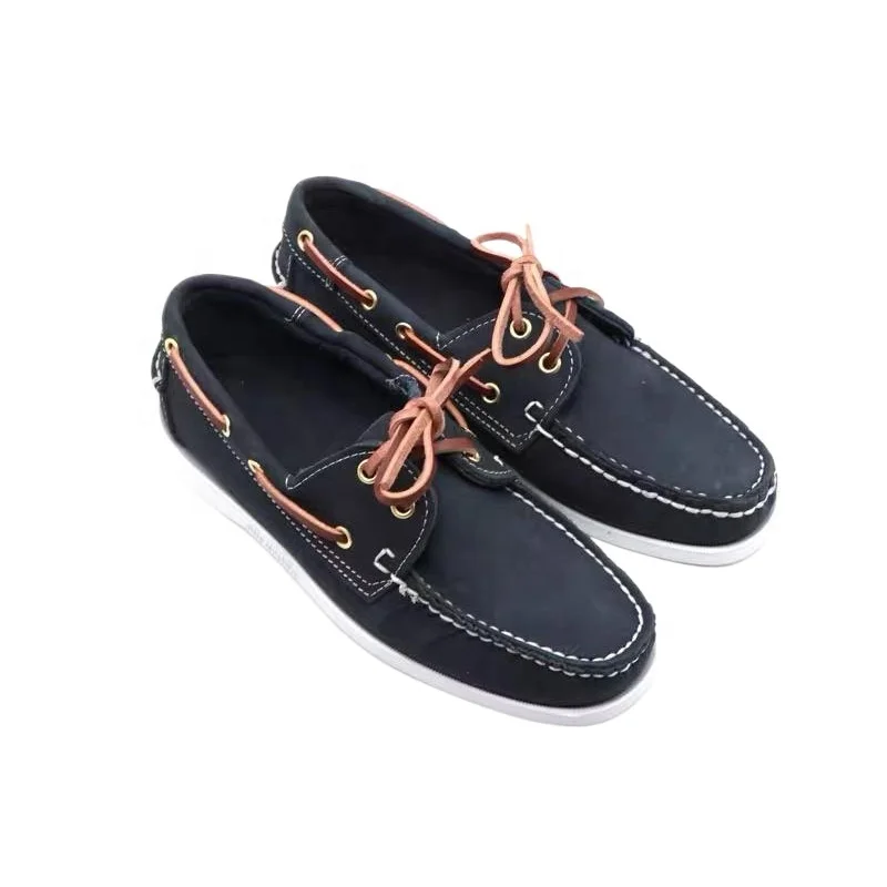 Dark Navy Nubuck Genuine Leather Peas Shoes Leather Laces Daily Commuter Casual Driving Walking Style Loafers Men Boat Shoes
