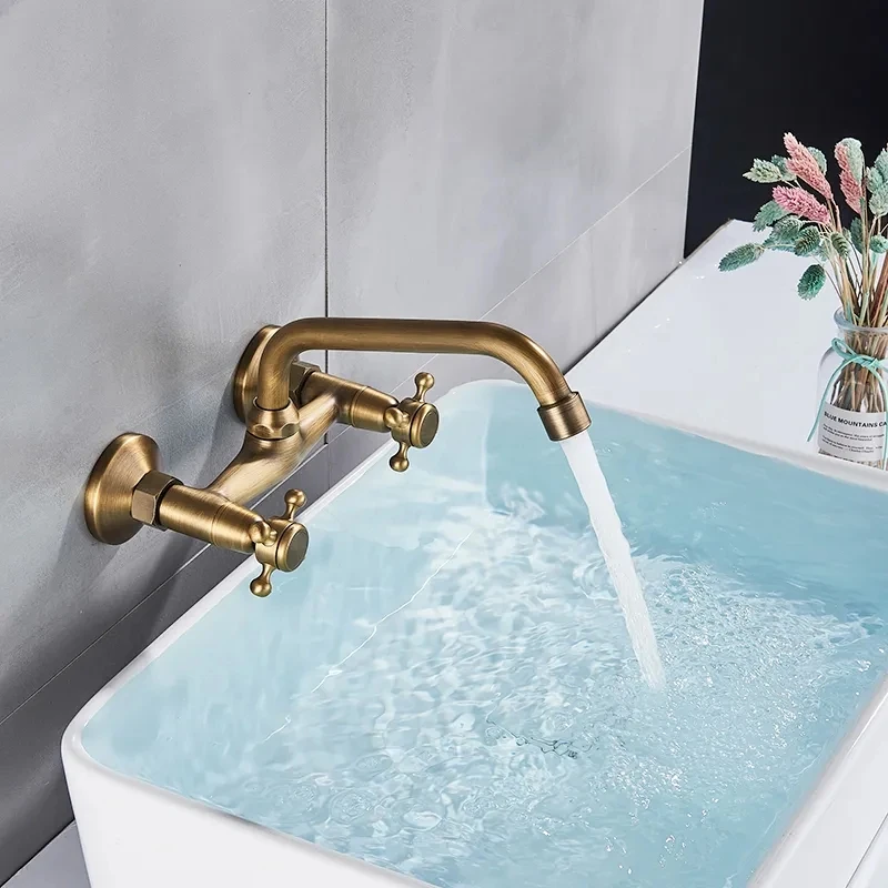 Antique Brass Kitchen Faucet Hot And Cold Water Mixer Faucets Wall Mounted Tap Vessel Sink Mixer Tap Swivel Spout Basin Mixer