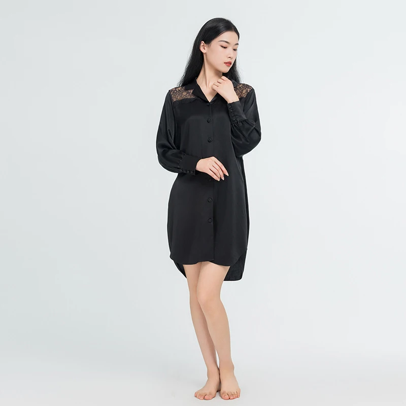 High Quality 22 Momme Silk Blouses With Lace Design 100% Mulberry Silk Sleep Shirt Dress