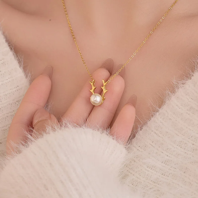 Christmas 925 Sterling Silver Fine Jewelry Pearl Antler Pendant Necklace Jewelry for Women