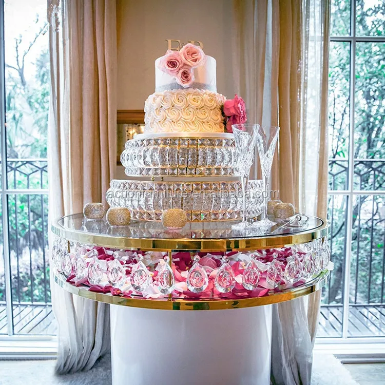 Round Crystal Glass Carved Golden Wedding Table Cake Table Flower Stand For Hotel Wedding Party
