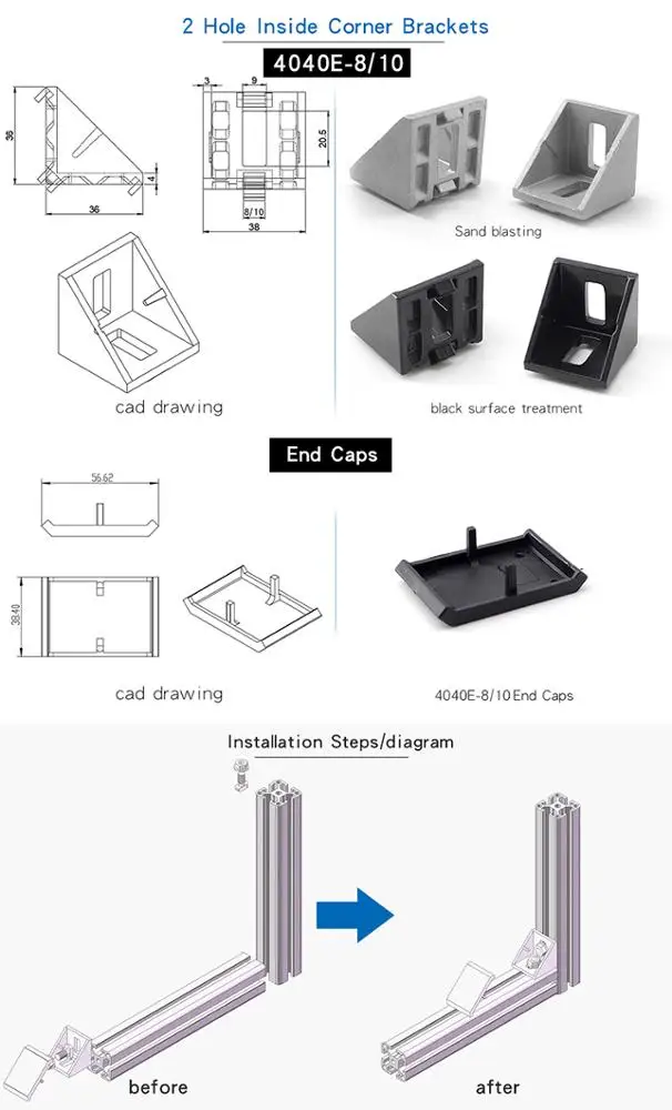 china manufacturer  1035 4040e-8 40*40mm casting aluminium bracket   for aluminum profile in black silver white and grey 4040