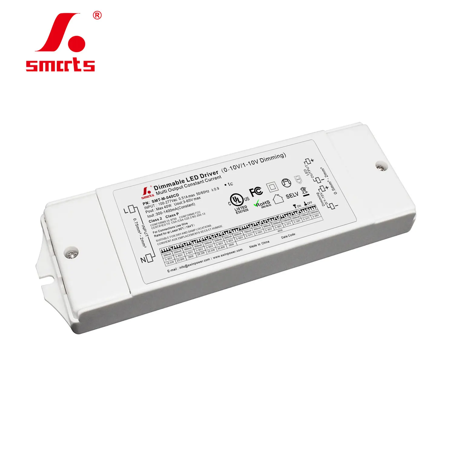 100-277V  triac+0-10V UL listd multiple output plastic  40w dimmable led driver with 7 years warranty